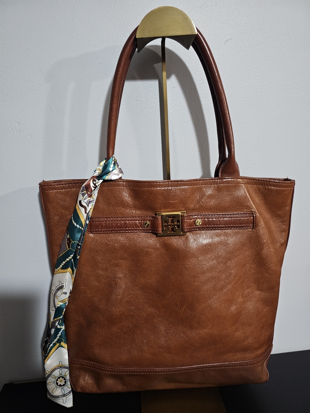 EUC Tory Burch Chestnut Brown Leather Tote with Scarf Accent